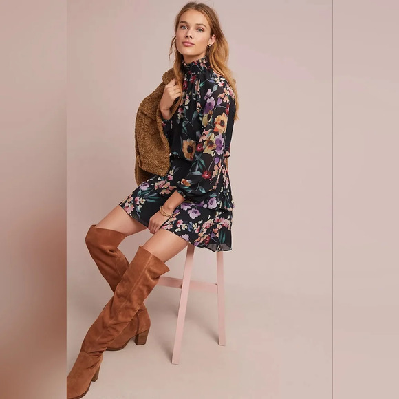 Yumi Kim Class Act Long Sleeve Floral Mock Neck Ruffle Mini Dress Black XS NWT - Picture 15 of 15